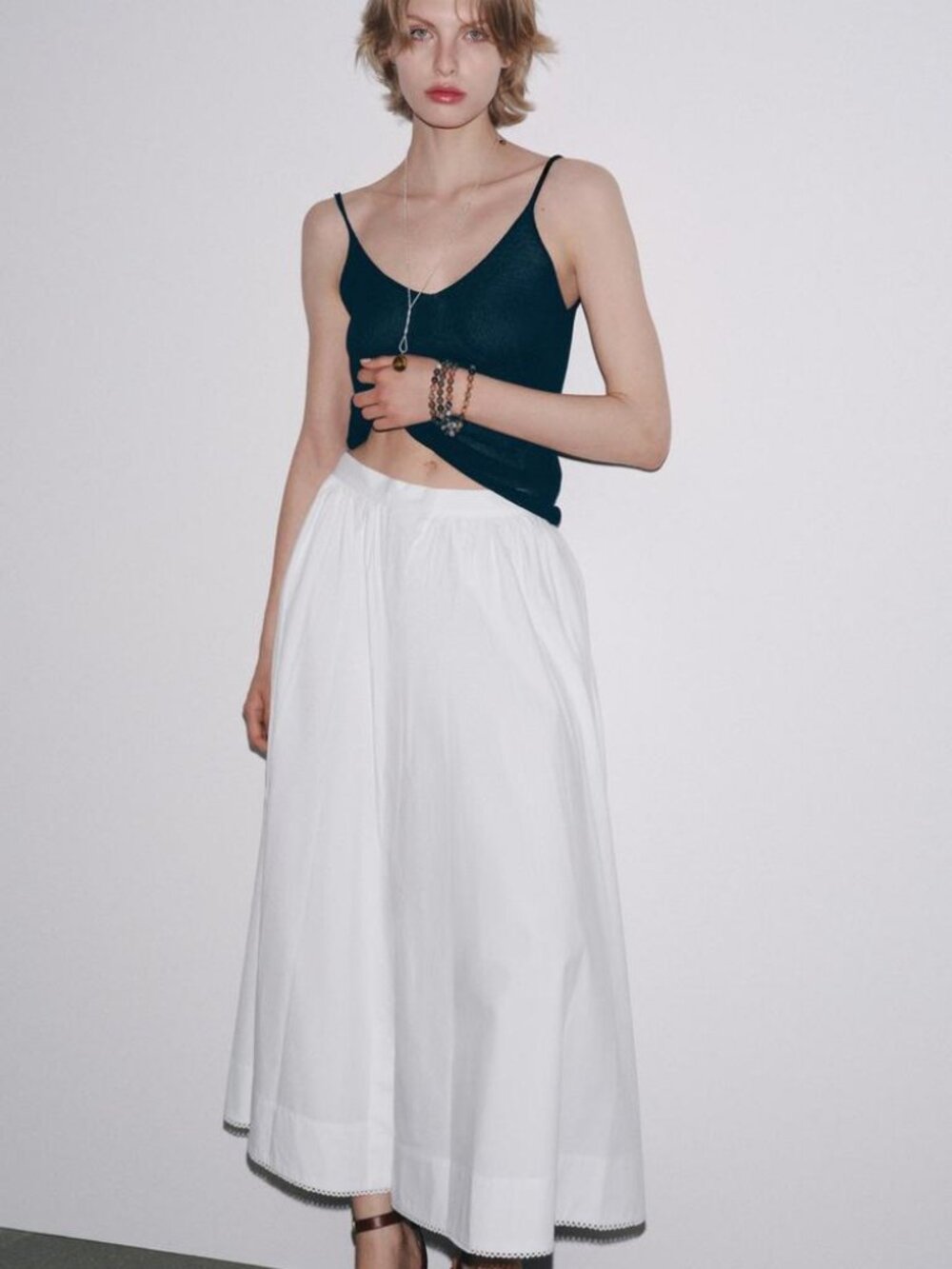 ZARA ZW Collection NWT White Poplin Midi Skirt Pleated Cotton Size M Summer